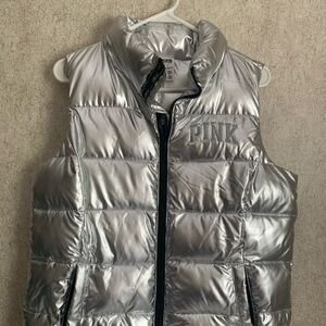 PINK Victoria's Secret Metallic Silver Puffer Zip Up Vest Medium EUC
